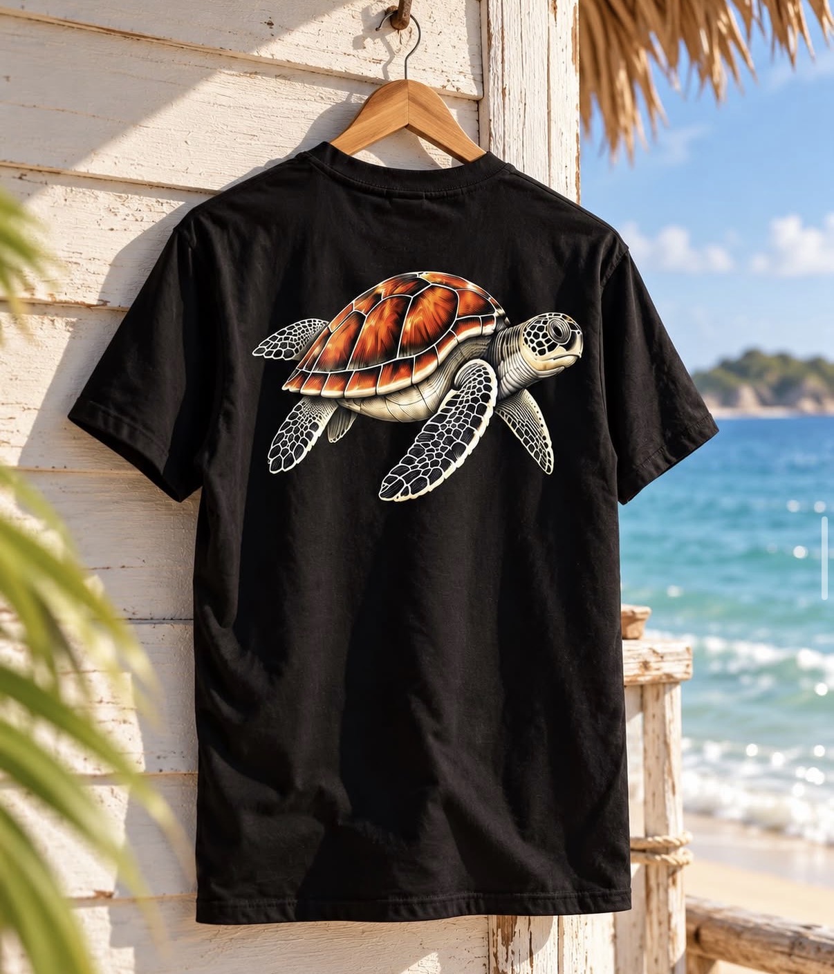 Ocean turtle print on black T-shirt